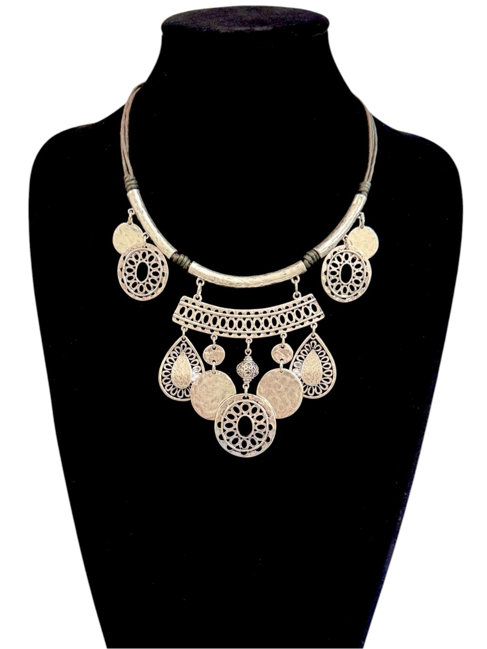 CHICO’S Silver Medallion Charm Statement Bib Cord Necklace | NWT